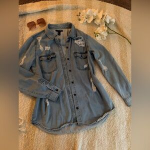 Forever 21 Light Blue Distressed Denim Shirt